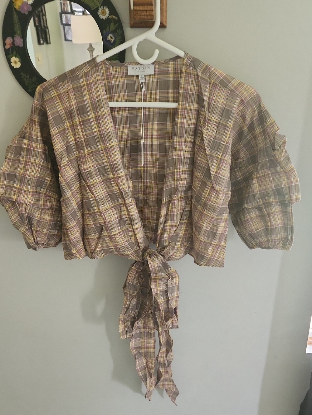 Hayden Plaid Tie-Front Blouse in Brown and Yellow